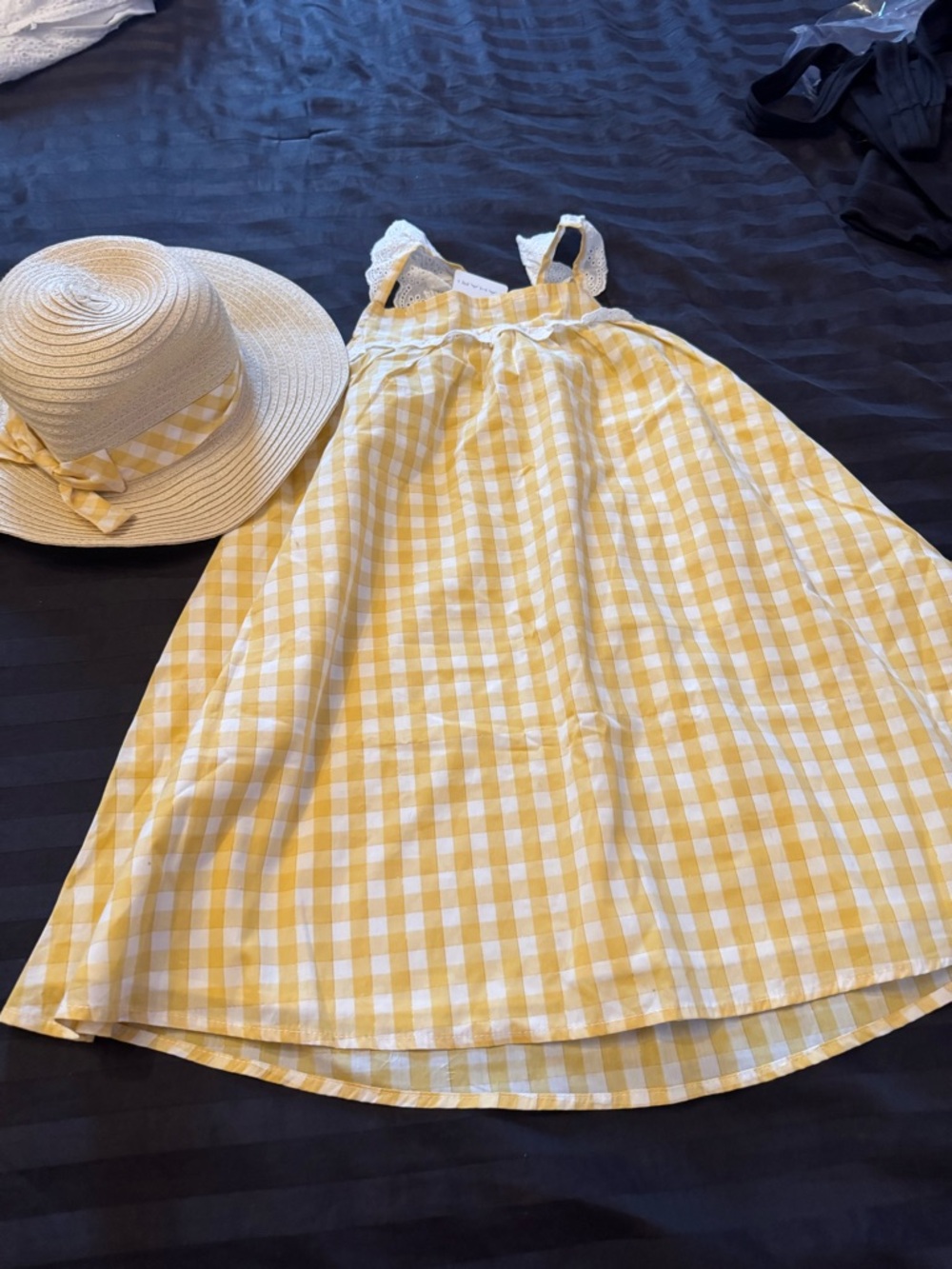 Tahari Yellow and White Gingham Sundress with Lace Straps